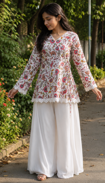 “Fia” Floral Top with Flowy White Palazzo W22 - women dress online bd
