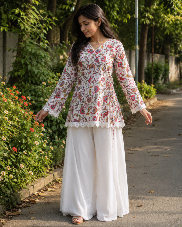 “Fia” Floral Top with Flowy White Palazzo W22 - women dress online bd