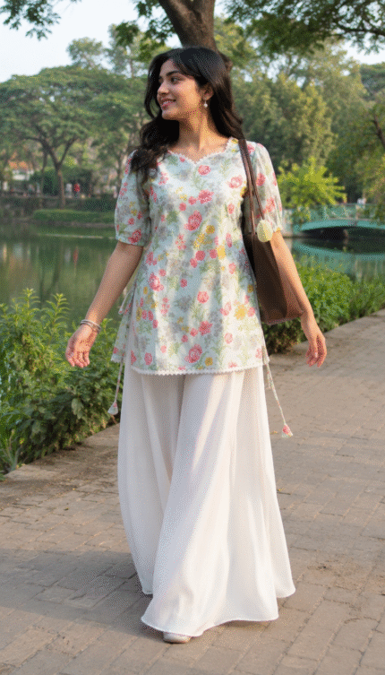 “Haifa” Floral Top with Flowy White Palazzo W3 - women dress online bd