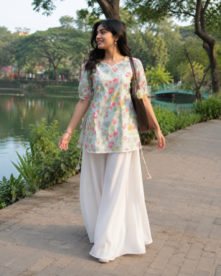 “Haifa” Floral Top with Flowy White Palazzo W3 - women dress online bd