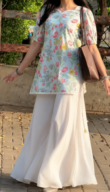 “Haifa” Floral Top with Flowy White Palazzo W3 - women dress online bd