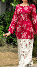 Red Vine Floral Top with Flowy Farshi Salwar W29 - Image 5